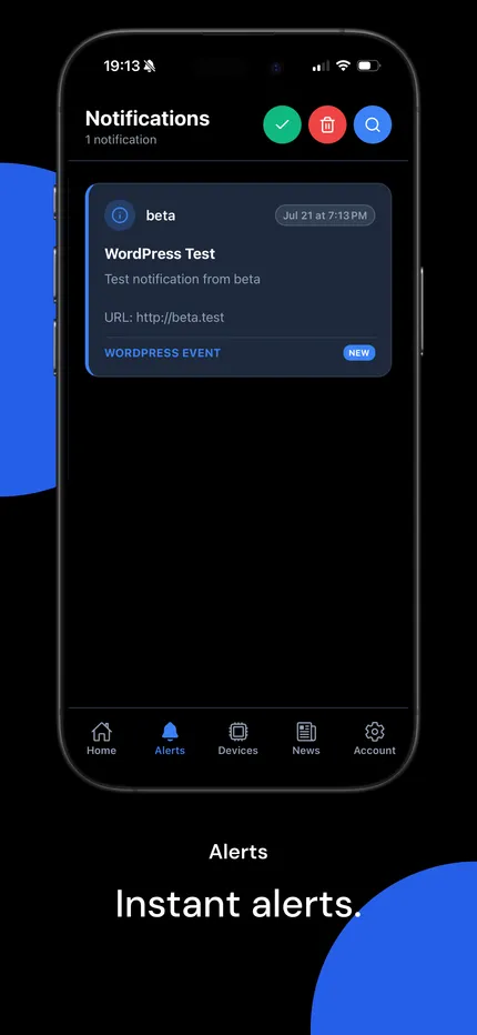 Notificator App Store preview showing a WordPress notification in the mobile alerts list