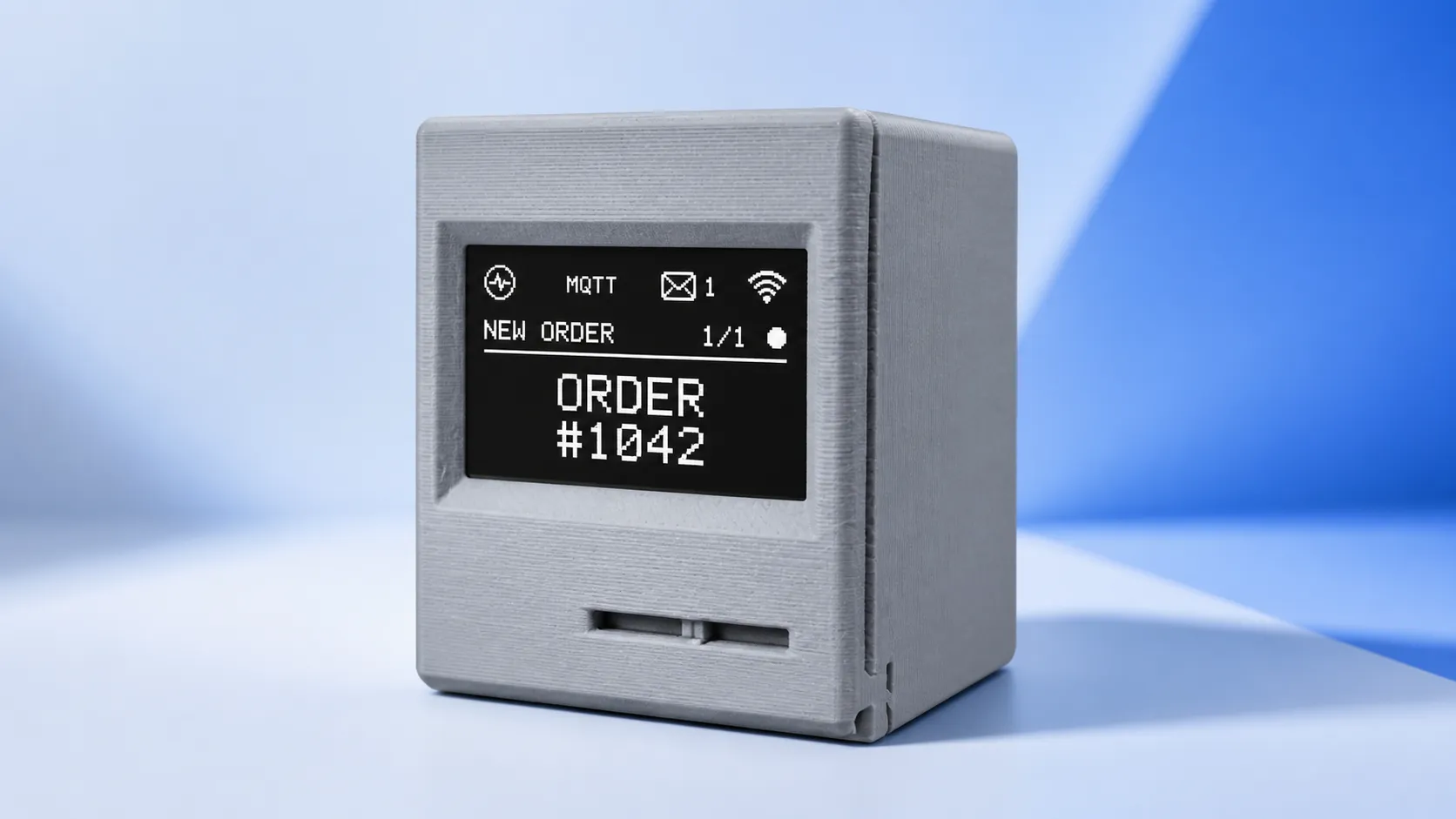 Rendered Notificator Base showing a new-order alert on its OLED display