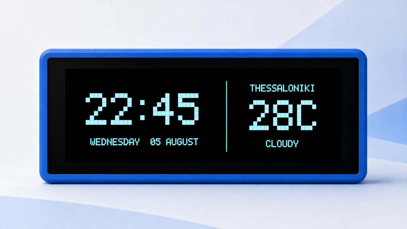 A matching blue Notificator Touch device displaying 22:45 and cloudy weather for Thessaloniki