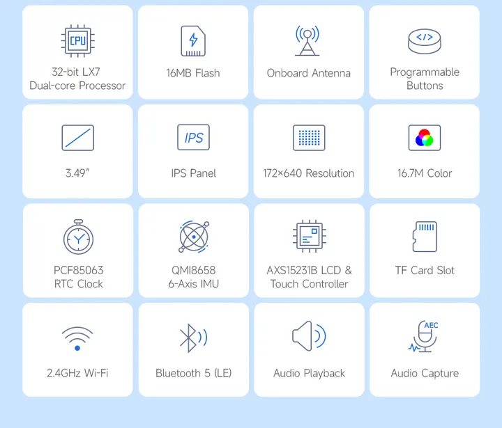 Official Waveshare feature overview for the ESP32-S3 Touch LCD 3.49 including processor, flash, display, touch, Wi-Fi, IMU, RTC, storage, and audio
